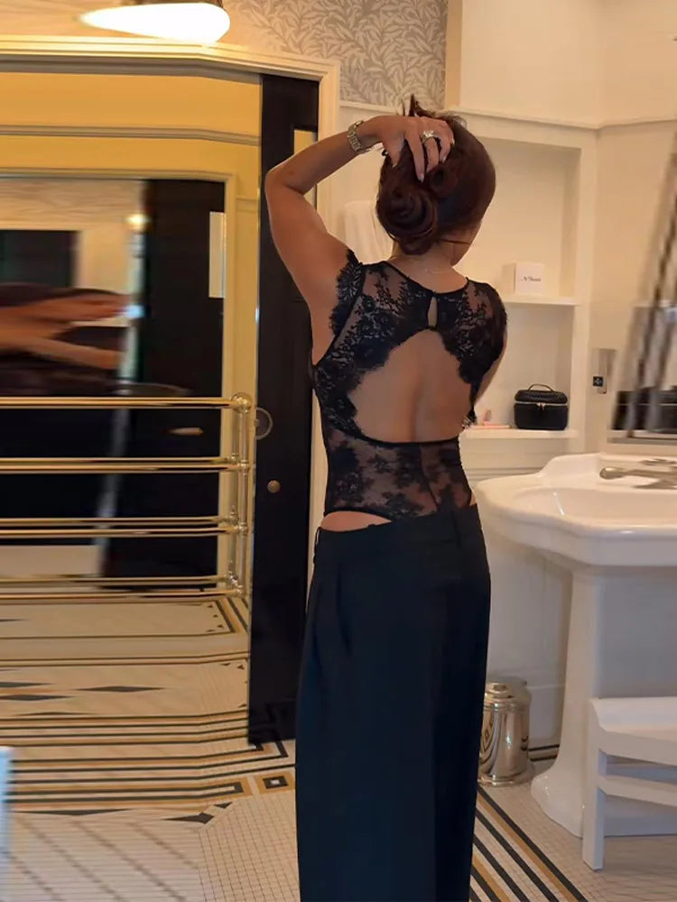 Black Backless Lace V Neck Sleeveless Bodysuit for Women