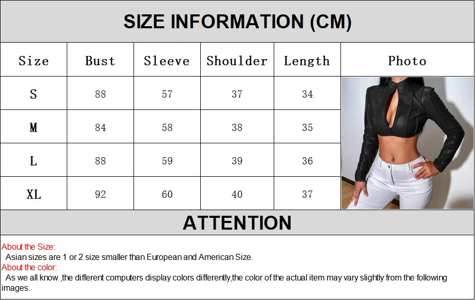 Sexy PU Leather Crop Tops Women Fashion Zipper Slim Fit Stand Collar Long Sleeve Jackets High Street Solid Punk Female Coats