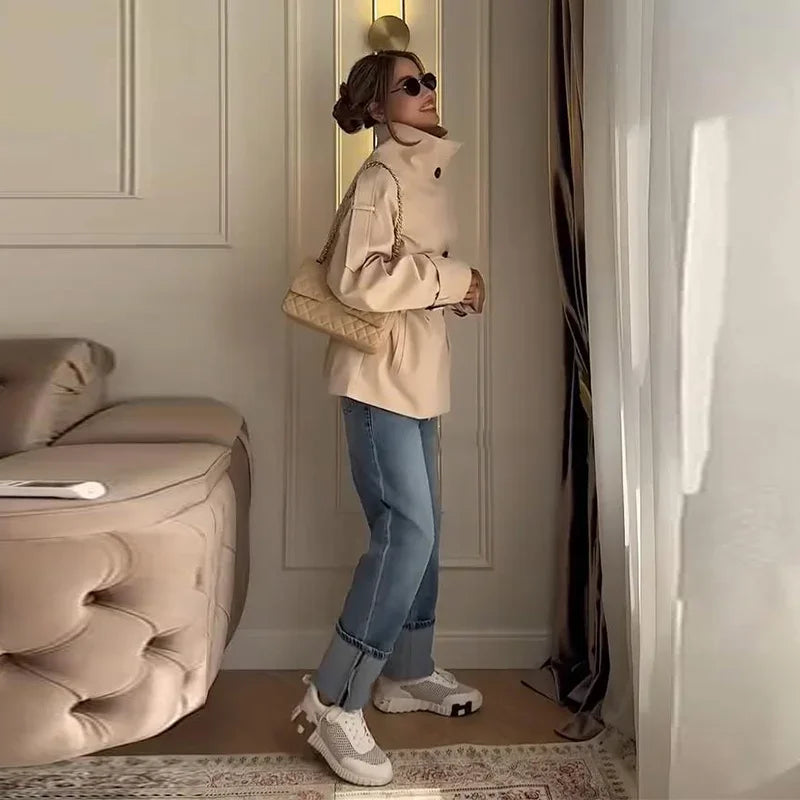 Relaxed Fit Belted Single Breasted Jacket for Women