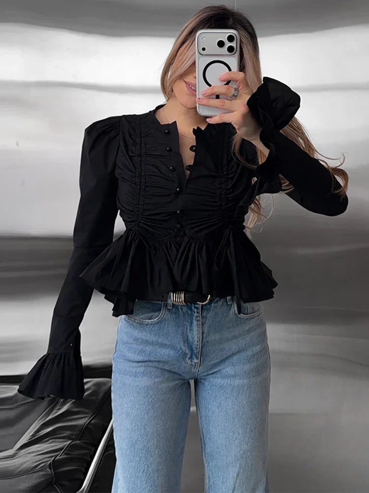Chic Solid Ruffle Pleated Puff Sleeve Shirt for Women