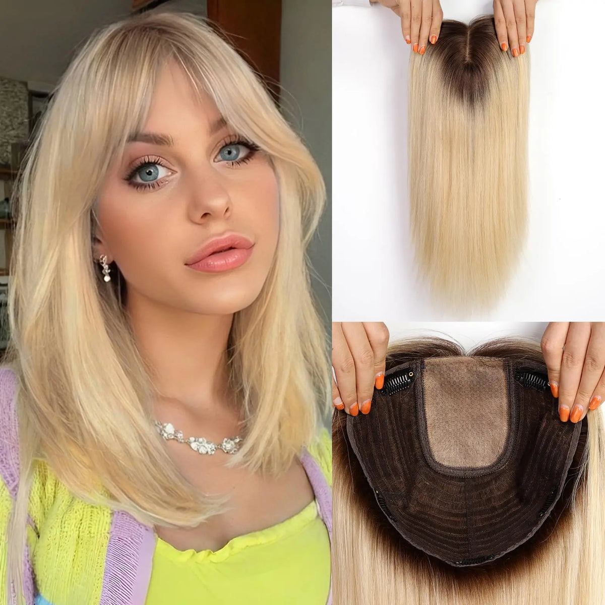 Straight Blonde Dark Root Remy Hair Clip In Topper For Women