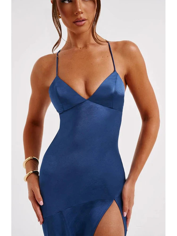 Elegant Backless Satin Maxi Dress With Lace Up For Women