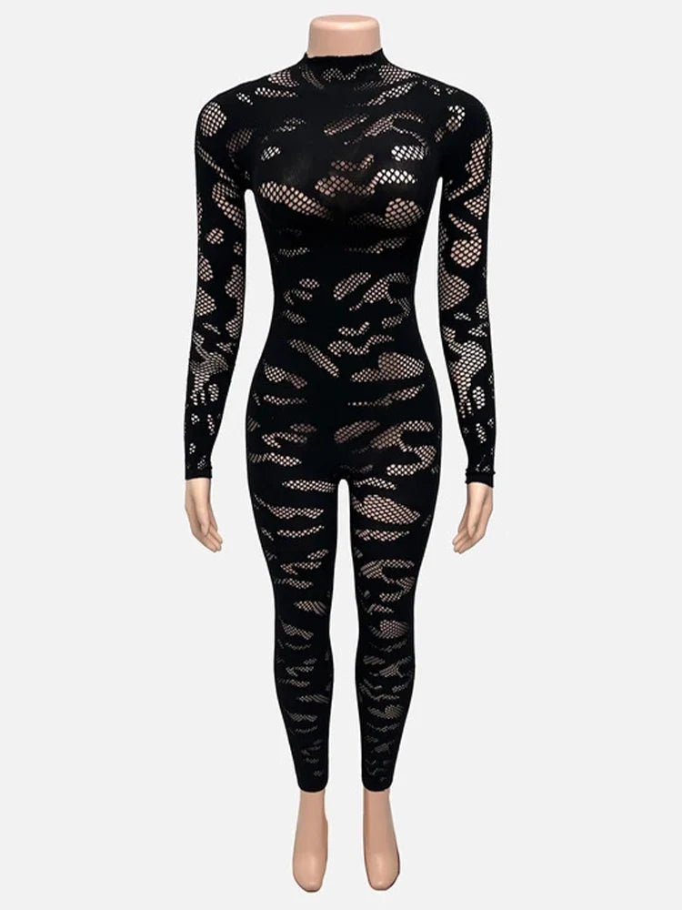 Peach See Through Jumpsuit With O Neck And Long Sleeves for Women