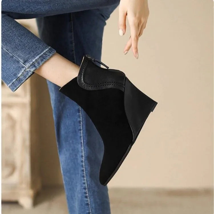 Vintage Pointed Toe Wedge Ankle Boots With Back Zipper For Women