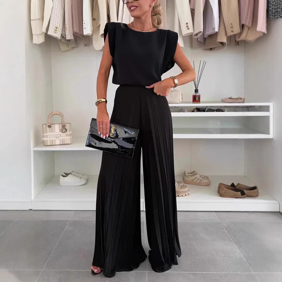 Pleated Sleeveless O Neck Top Wide Leg Pants Two Piece Suit for Women