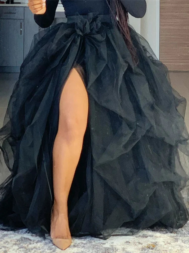 Elegant Layered Tulle Tutu Skirt With High Waist Slit for Women