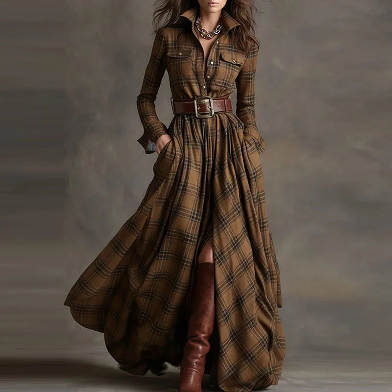 Autumn Elegant Lapel Button Long Dress Lady Casual Long Sleeve Pocket Party Dress Vintage Plaid Printed Draped Loose Shirt Dress
