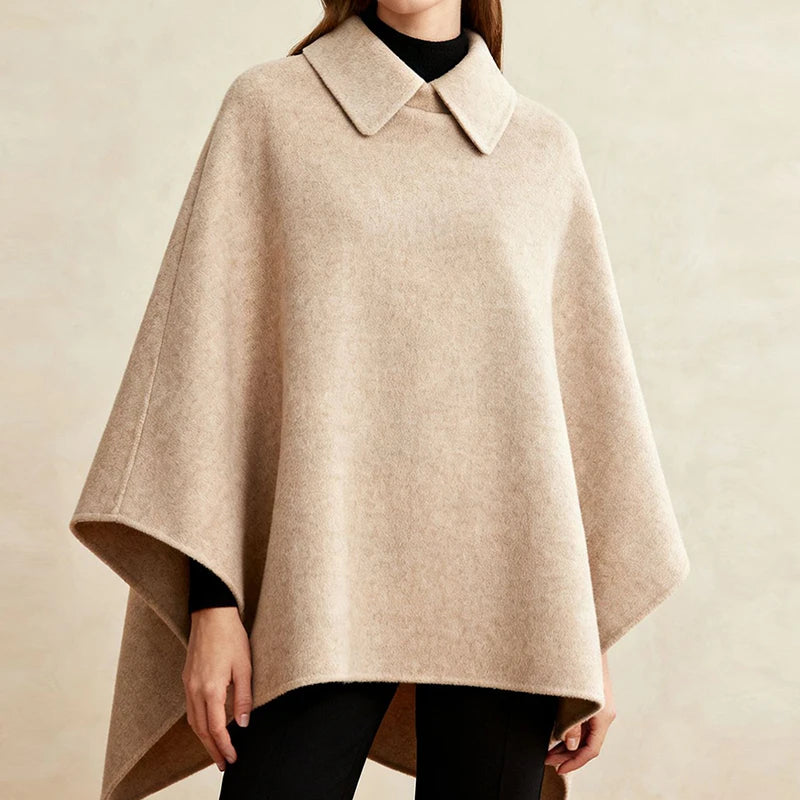 Elegant Patchwork Long Cape Coat With Turn-Down Collar for Women