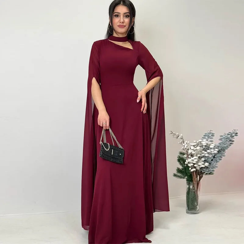 Solid Color Lace Up Cape Sleeve Maxi Dress For Women