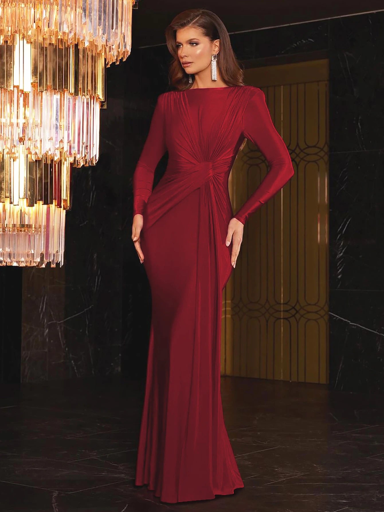 Elegant Ruched Long Sleeve Pleated Maxi Dress for Women