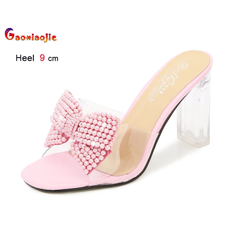Pink Pearl Bow Design Clear Crystal High Heels for Women