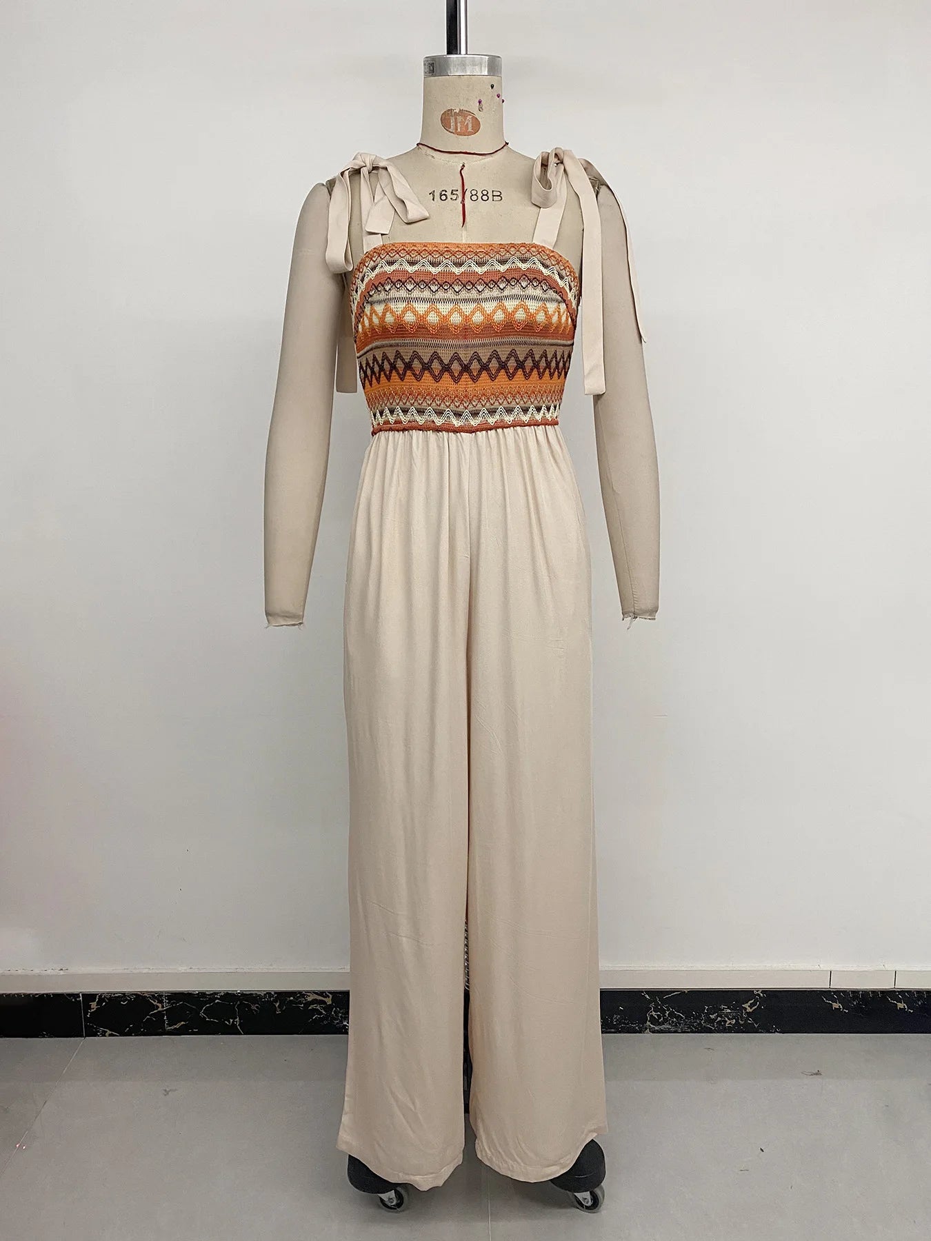 Boho Striped Knit Tie Shoulder Square Neck Jumpsuit for Women