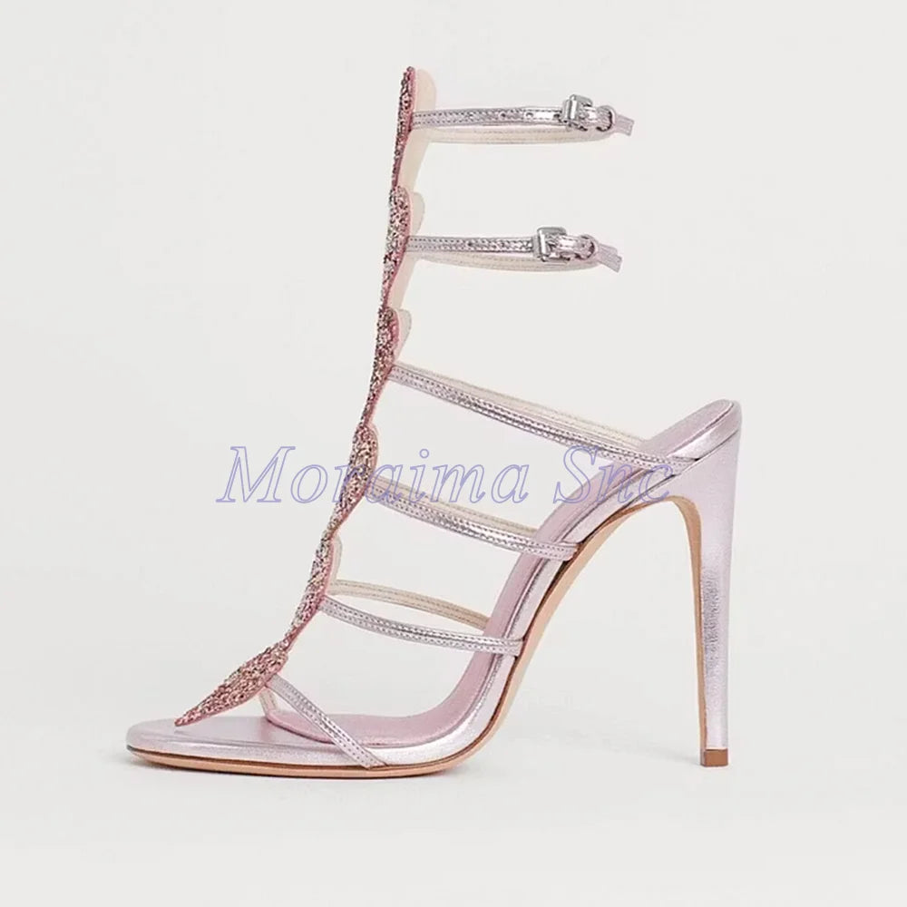 Pink Glitter Heart Strap Gladiator Sandals For Women