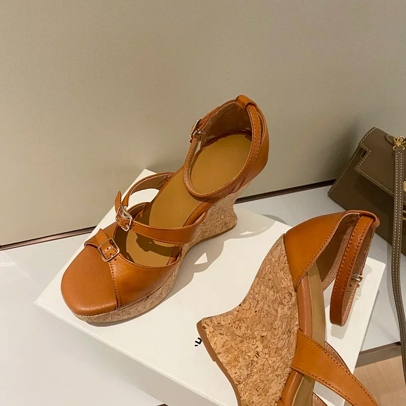 Elegant Apricot Buckle Platform Thick Heel Wedge Sandals for Women