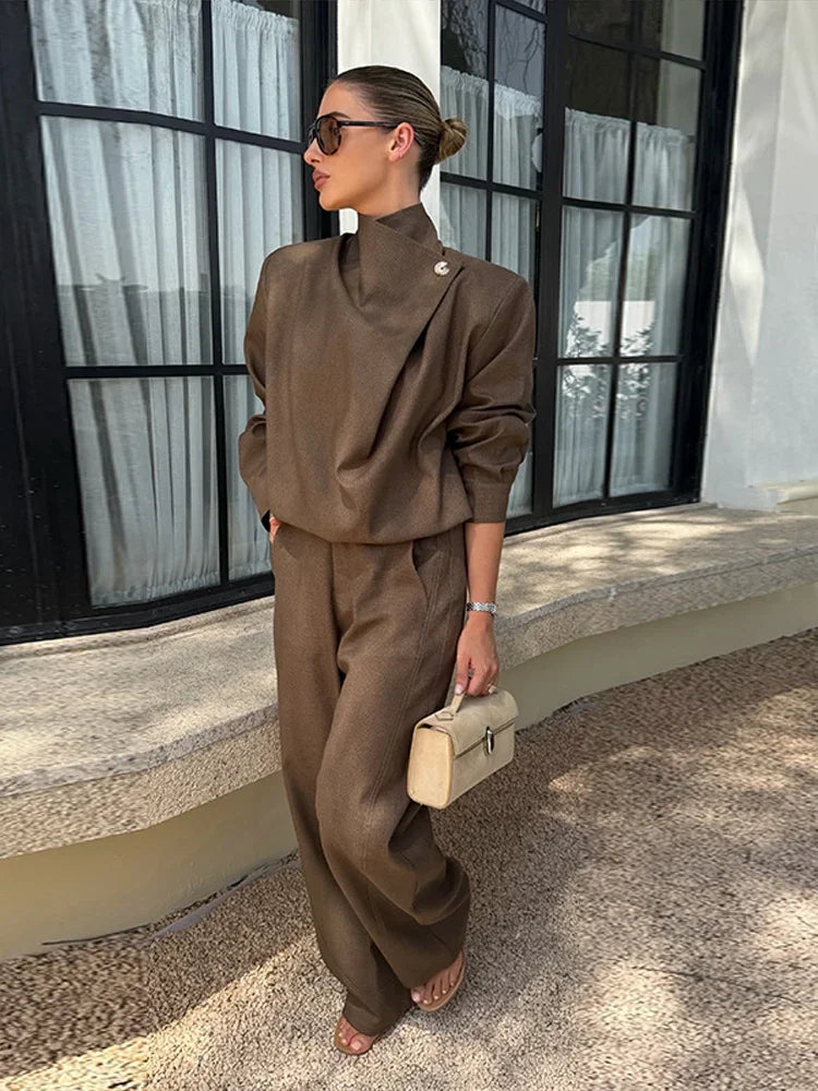 Solid Draped Funnel Neck Long Sleeve Wide Leg Two Piece Set For Women
