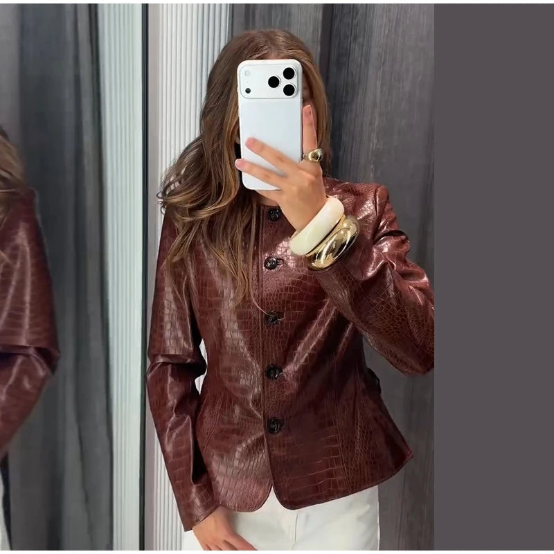 Slim Fit Single Breasted Faux Leather Jacket for Women