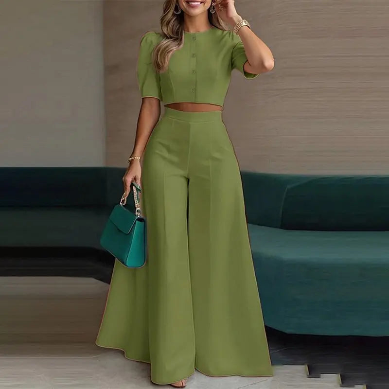 Elegant Two Piece Crop Top And Wide Leg Pants Set for Women