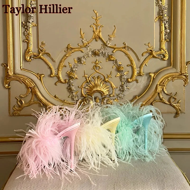 Elegant Summer Fur Trim Stiletto Heels Sandals for Women