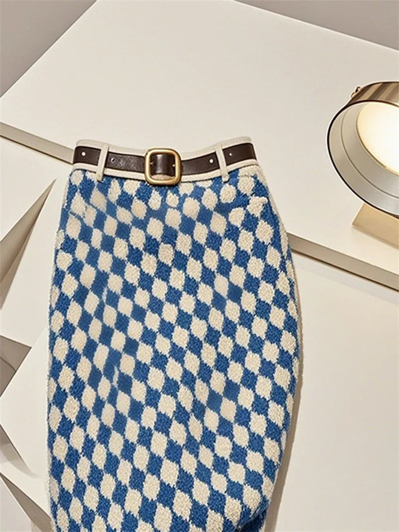 High Waist Knit Plaid Pencil Skirt