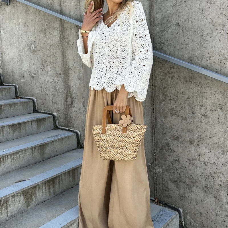 New Casual Solid Color Beach Cover Tees Sexy V-neck Long Sleeved Crochet Top Summer Vacation Hollow Out Knitted Women's T-shirt