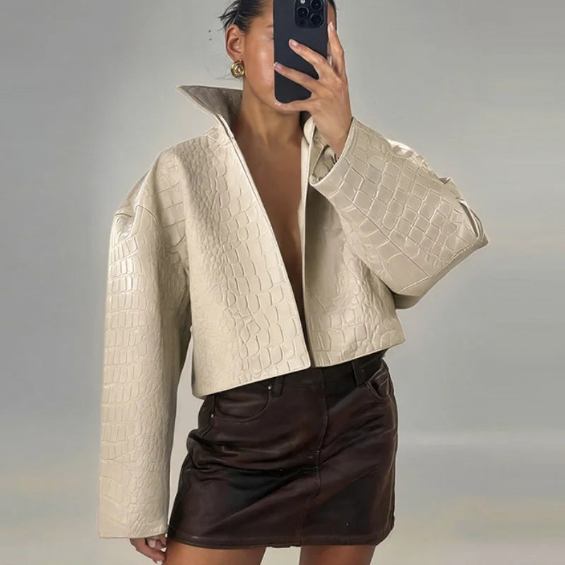 Retro Snake Print Faux Leather Cropped Jacket for Women