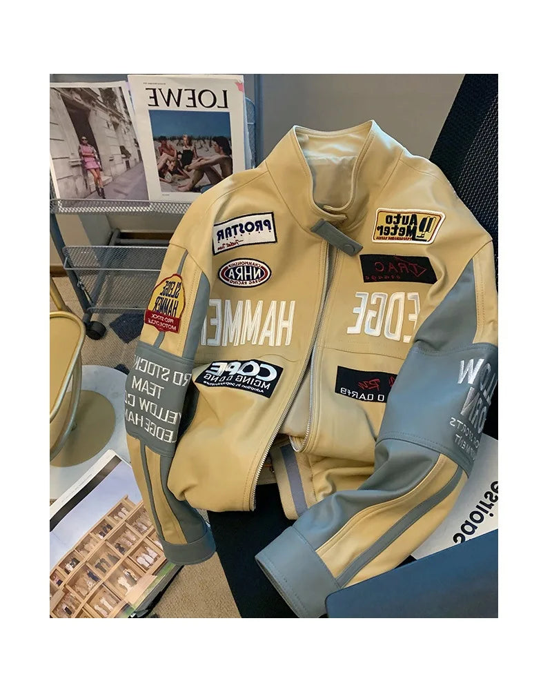 Retro Embroidered Faux Leather Baseball Jacket for Women