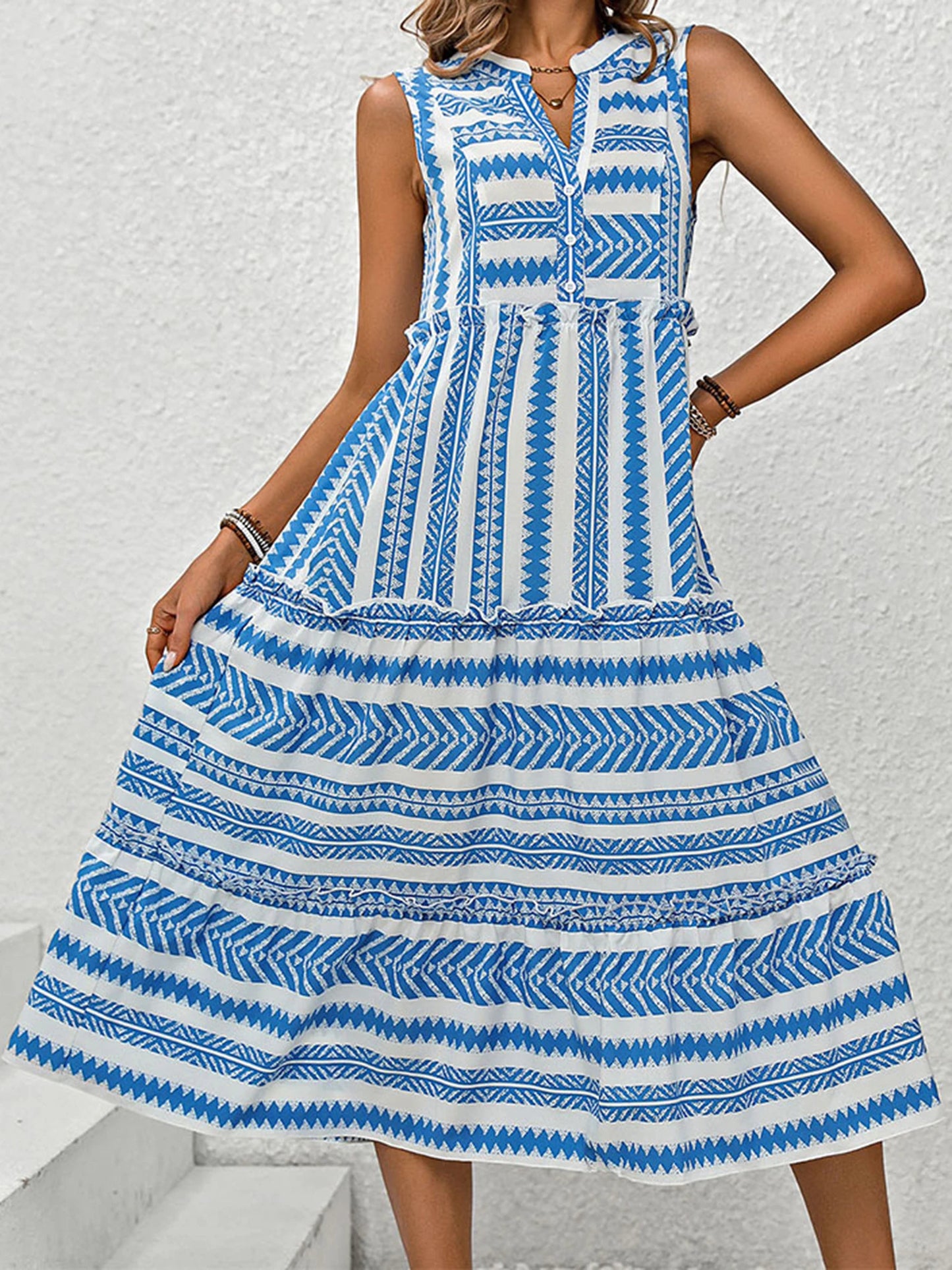 Women Summer Sleeveless Dress Casual Geometric Print Button V-Neck Party Dress for Beach Club Streetwear