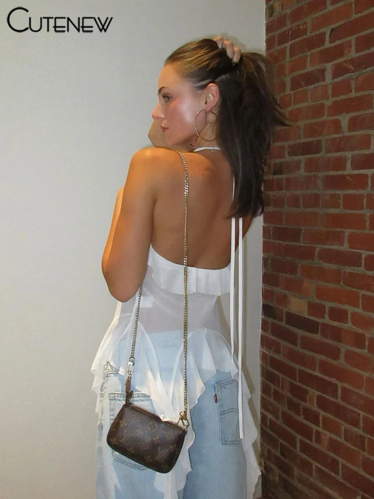 White Ruched Mesh Halter Crop Top