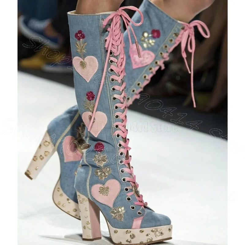 Chunky Heel Pointy Toe Denim Boots With Side Zipper For Women