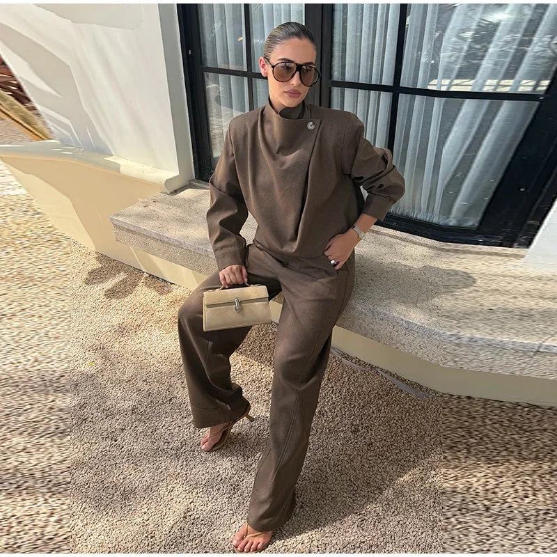 Solid Draped Funnel Neck Long Sleeve Wide Leg Two Piece Set For Women
