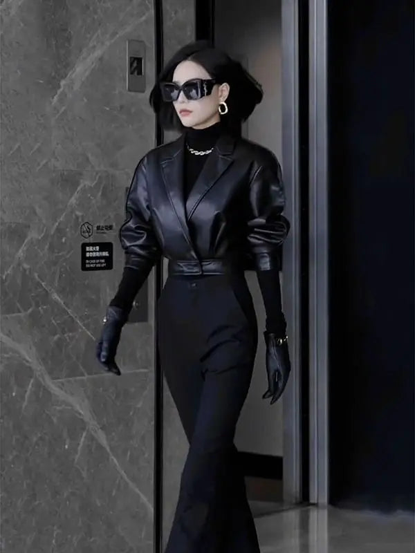 Trendy Faux Leather Blazer And Flared Pants Set For Women