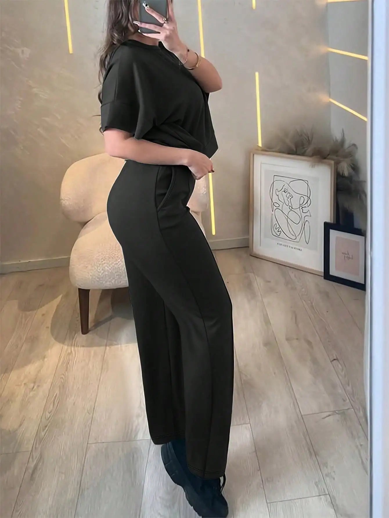 New Spring and Summer Ladies' Set: Comfortable Solid-Color Short-Sleeve Top with Elastic Waist Pocketed Long Pants Two-Piece Set, Soft Stretch Polyester-Acrylic Fabric