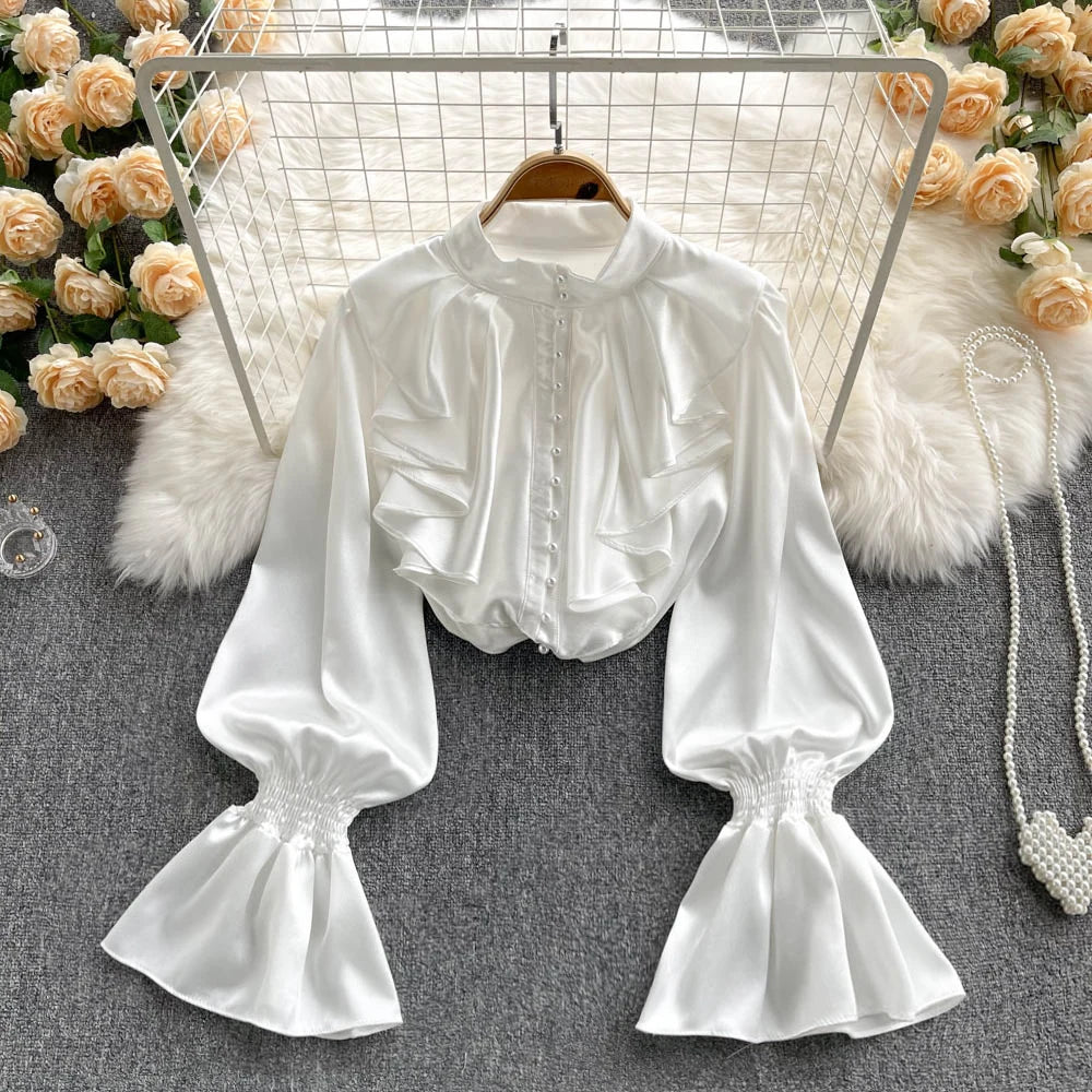 Elegant Satin Ruffle Long Sleeve Blouse for Women