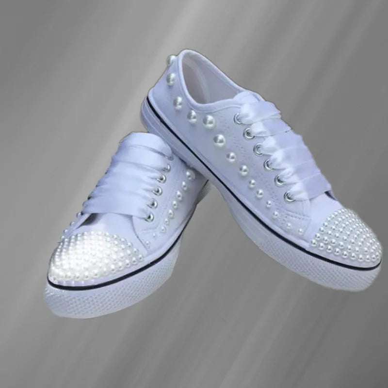 Pearl Embellished Lace-Up Low-Top Canvas Shoes for Women