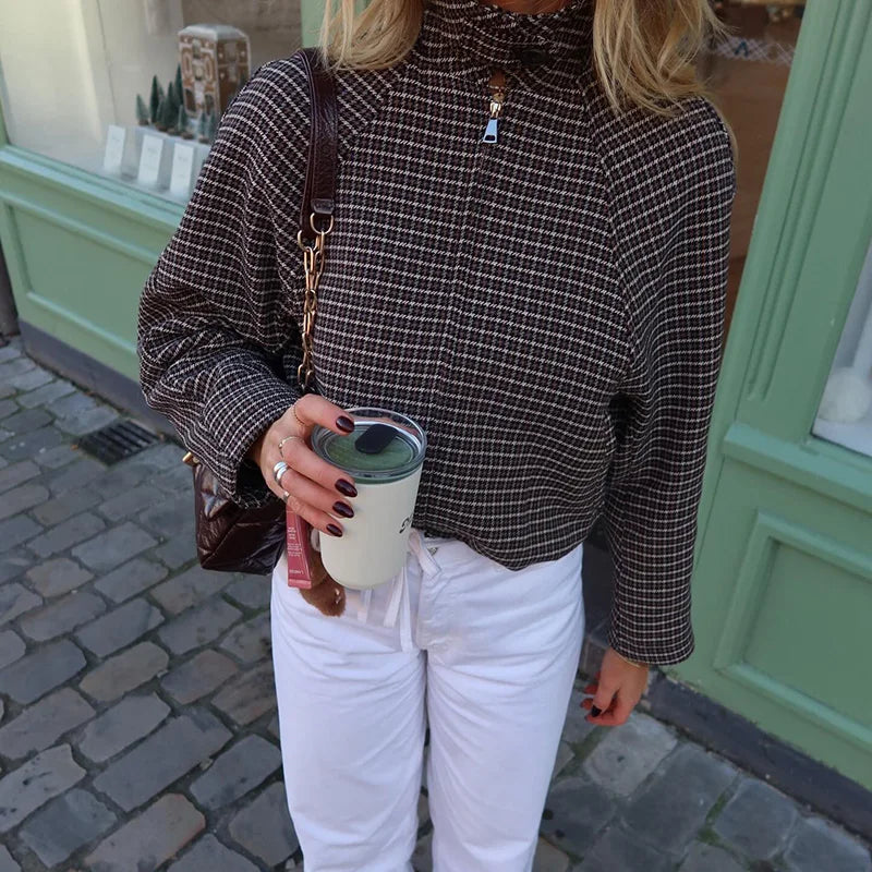 Vintage Plaid Women 's Jacket Elegant Lapel Patchwork Full Sleeve Zipper Cropped Jackets Lady 2026 Woman Spring Coats Outwears