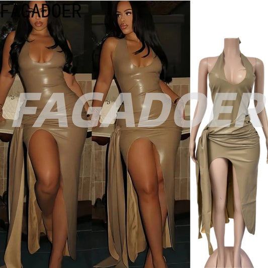 FAGADOER Sexy Ruched Patchwork Bodycon Long Dress Women Halter Deep V-neck Backless Dresses Female Streetwear Vestidos 2025 New