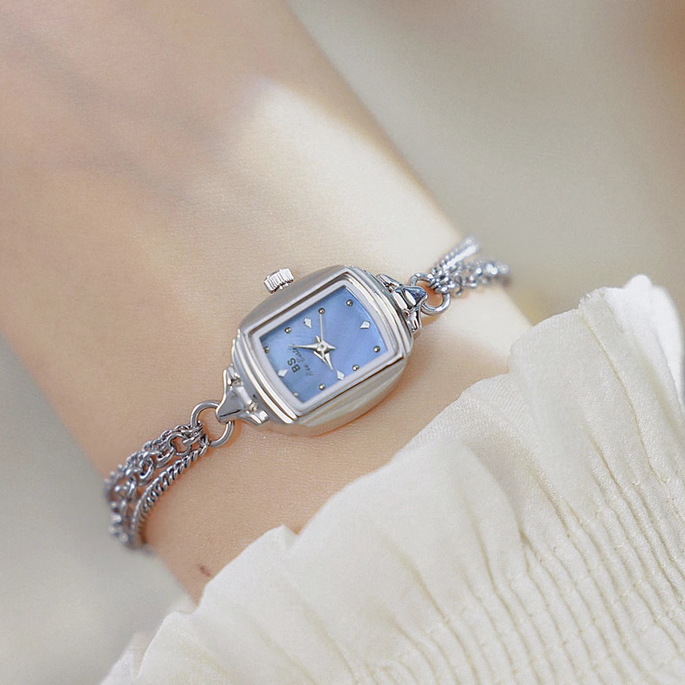 Light Blue Bracelet Watch With Silver Quartz Movement for Women