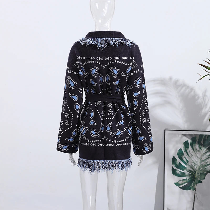 Ethnic Tassel Women 's Sweater Knitted V-neck Bandage Thicken Full Sleeve Jumper For Woman Winter Woman Coats Jacket Knitwear