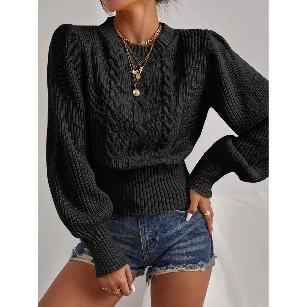 Women Round Neck Lantern Sleeve Knit Sweater Female Spring Casual Twist Rope Top y2k Clothes Streetwear