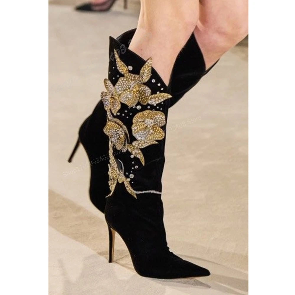 Black Suede Crystal Butterfly Knee High Boots For Women