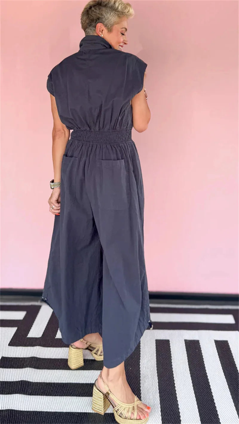 Doyerl Solid Casual Summer Jumpsuit Woman Clothing Turn-down Collar Button Up Sleeveless Loose Rompers One Piece Overalls 2025