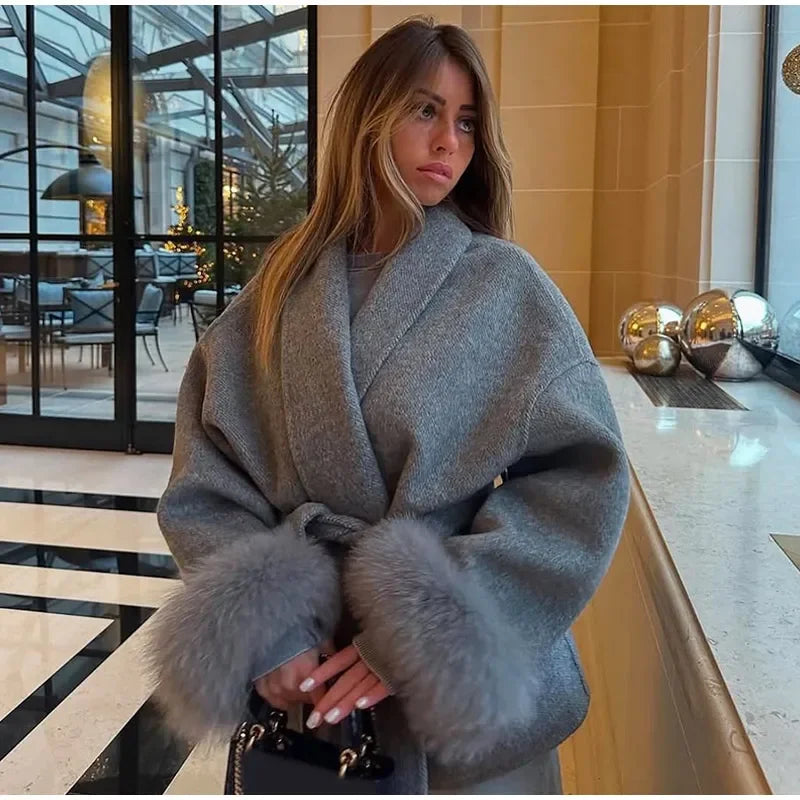 Faux Fur Wool Blend Longline Lapel Overcoat for Women
