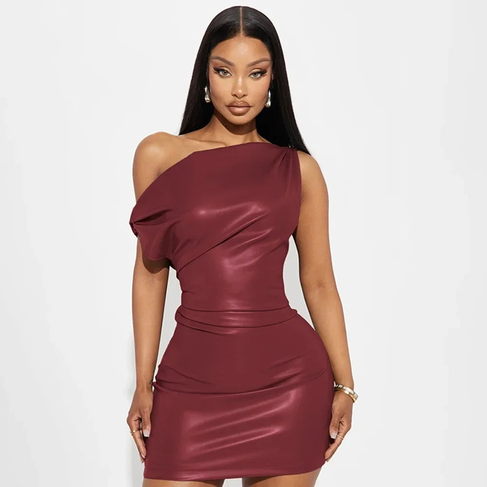 Elegant Inclined Shoulder Pu Leather Ruched Bodycon Mini Dress for Women