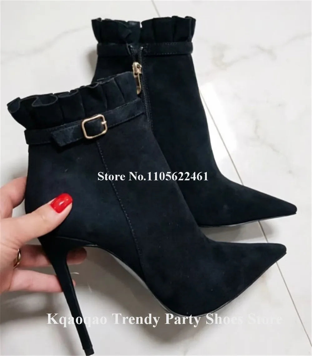 Elegant Suede Ruffle Stiletto Ankle Boots for Women