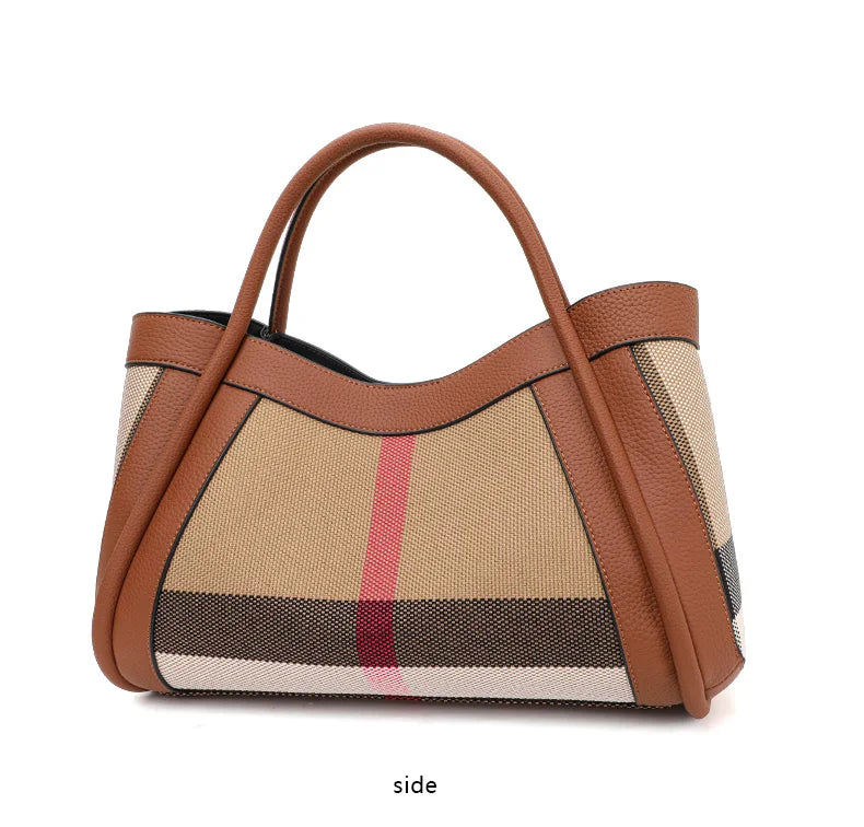 Retro Checkered Large Capacity Canvas And Leather Handbag for Women