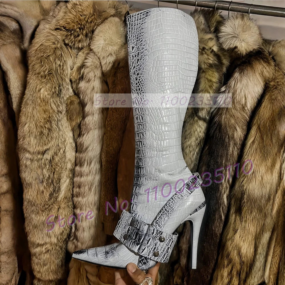 Black And White Gradient Pointy Toe Knee High Boots For Women