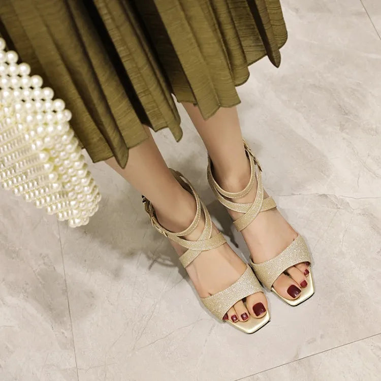 Square Heel Buckle Cross Strap Sandals