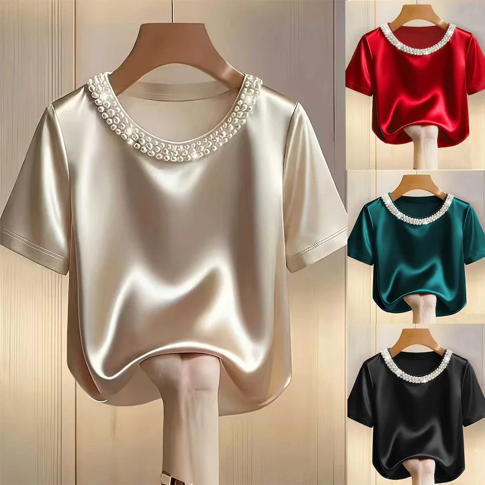 Satin Round Neck Pearl Beaded Decor Short Sleeve Top for Women