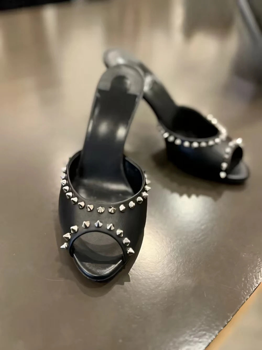 Black Studded Leather Slingback Sandals