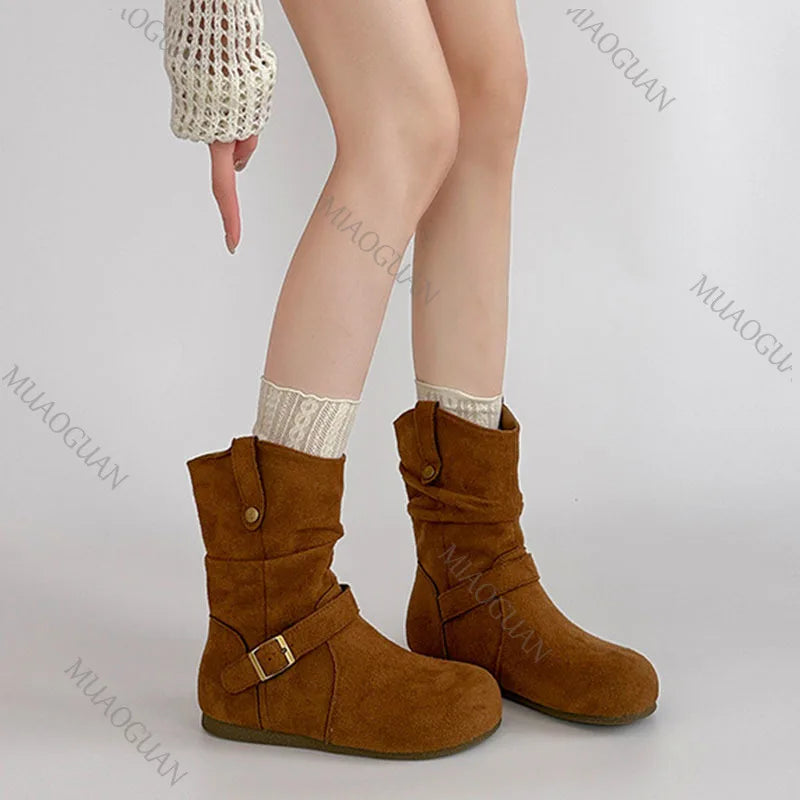 Retro Suede Buckle Slip On Western Ankle Boots for Women